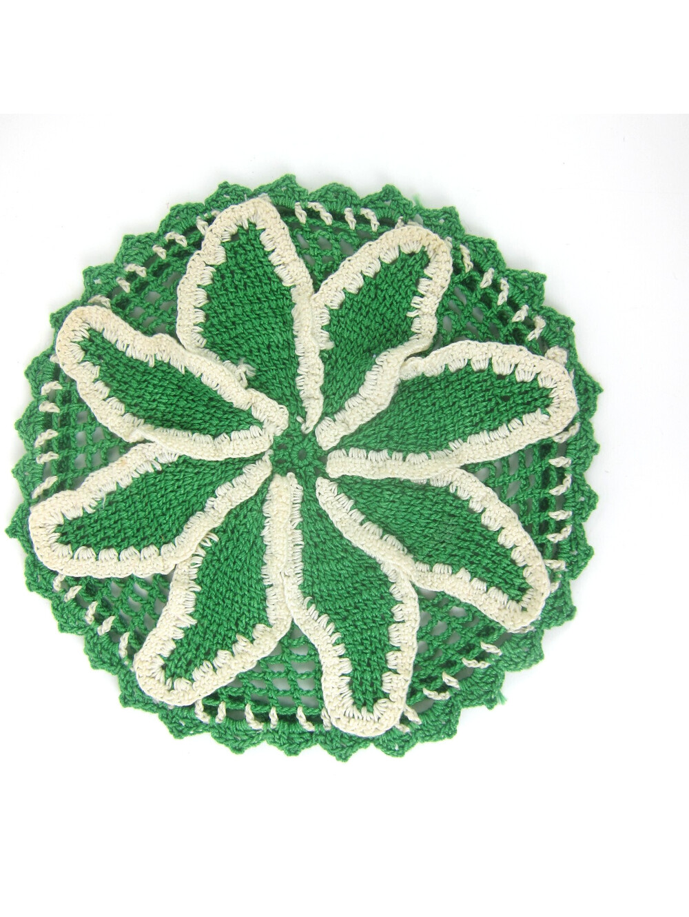 Vintage Hot Plate Doily Green & Cream Flower 7.5" Hand Crocheted Mid Century MCM